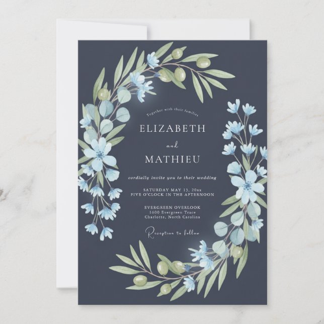 Invitación Boda de viña azul pizarra (Anverso)