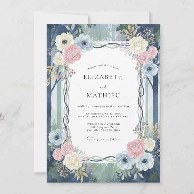 Invitación Boda de viña con toque de rosa y azul marino (Anverso)