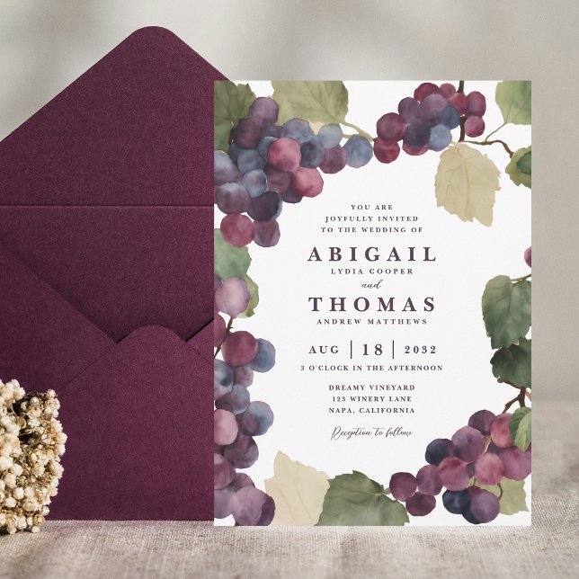 Invitación Boda de viña de uva púrpura acuarela (Vineyard Wedding Invitation Suite, Winery Wine Country Gouache Watercolor Purple Grape Vine Invite )