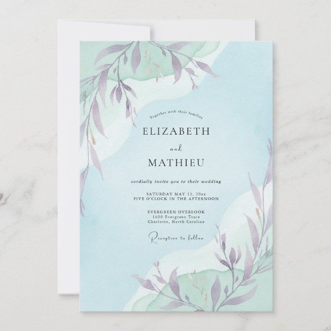 Invitación Boda de viña pintada con menta lavanda (Anverso)
