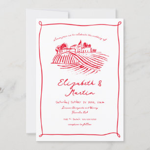 Invitación Boda de viñedo caprichosa con vino tinto dibujada