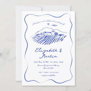 Invitación Boda de viñedo con borde ondulado y garabato azul