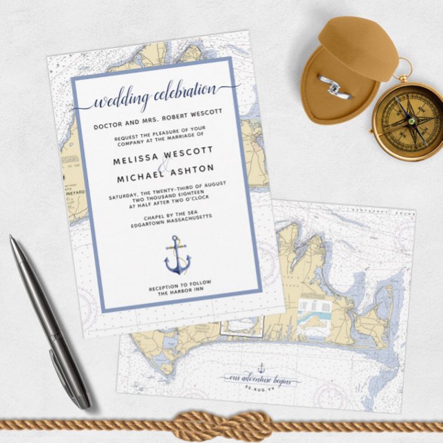 Invitación Boda de viñedo de Martha Nautical Tradicional (Martha's Vineyard Nautical Wedding Invitations)