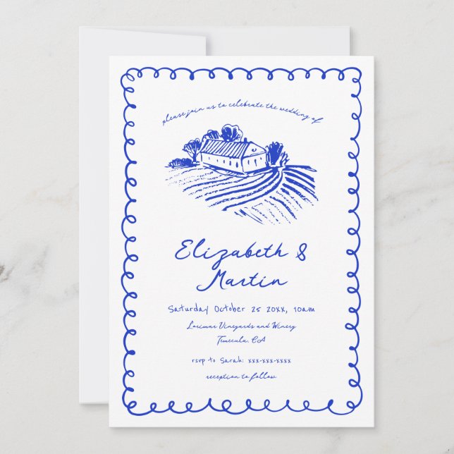 Invitación Boda de viñedo funky dibujada a mano azul francés (Anverso)