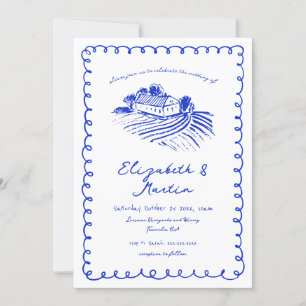 Invitación Boda de viñedo funky dibujada a mano azul francés
