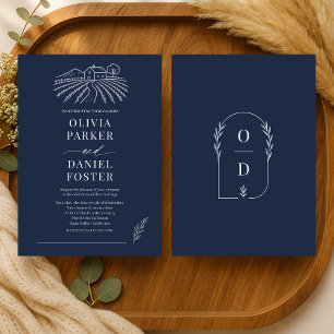 Invitación Boda de viñedo rústico con arte de línea azul mari