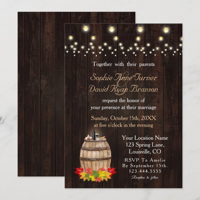 Invitación Boda de viñedos de barril de vino de otoño (Anverso / Reverso)