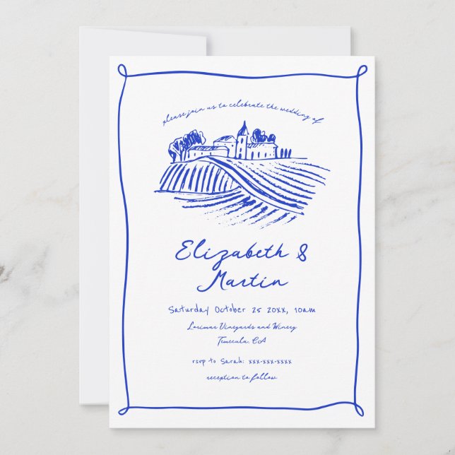 Invitación Boda de viñedos de Blue Trendy Hand Drawn (Anverso)