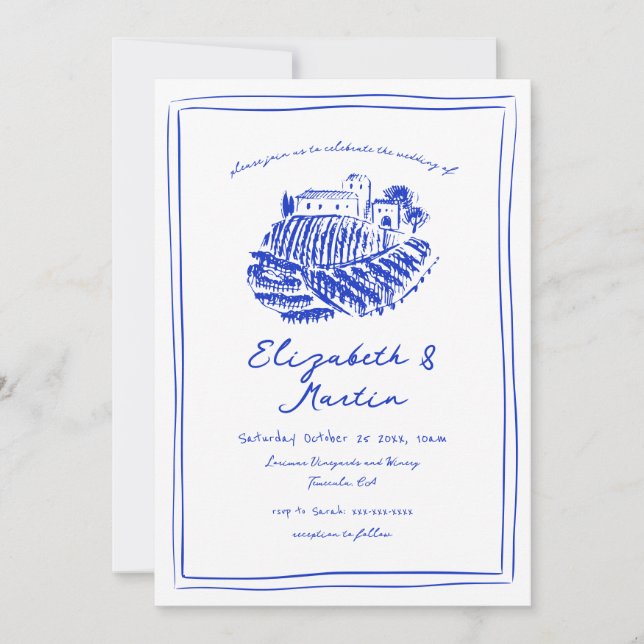 Invitación Boda de viñedos italiano de mano con dibujos azule (Anverso)