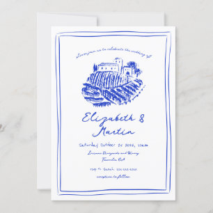 Invitación Boda de viñedos italiano de mano con dibujos azule