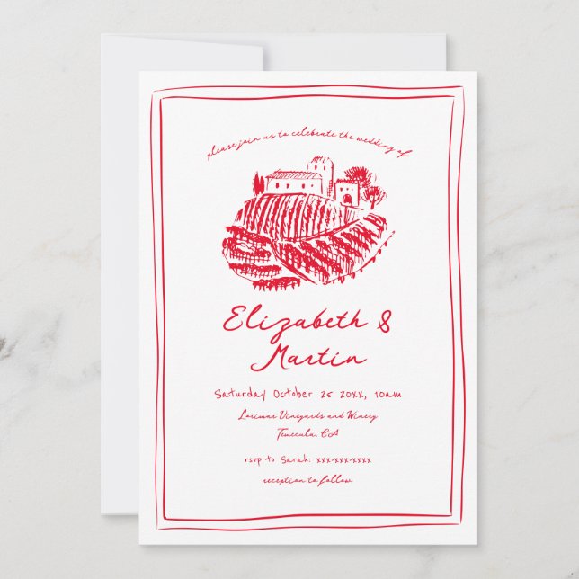 Invitación Boda de viñedos italiano rojo dibujado a mano (Anverso)