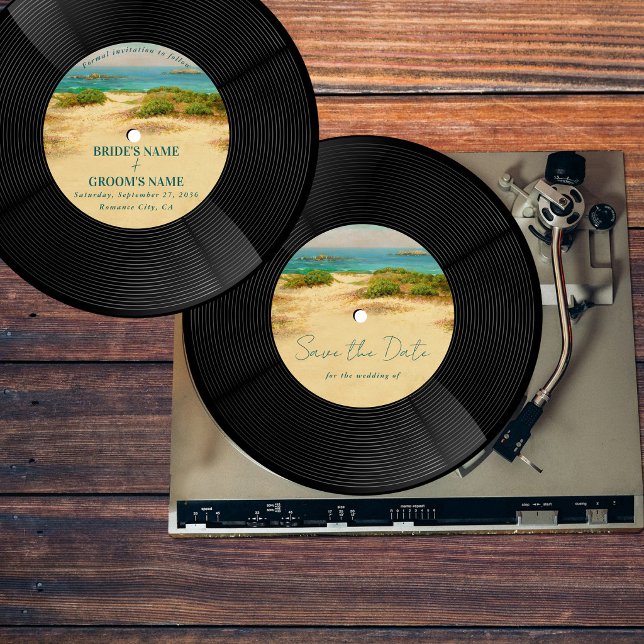 Invitación Boda de vinilo de música de playa Guardar la fecha (Beach Vinyl Music Record Wedding Save the Date Invitation)
