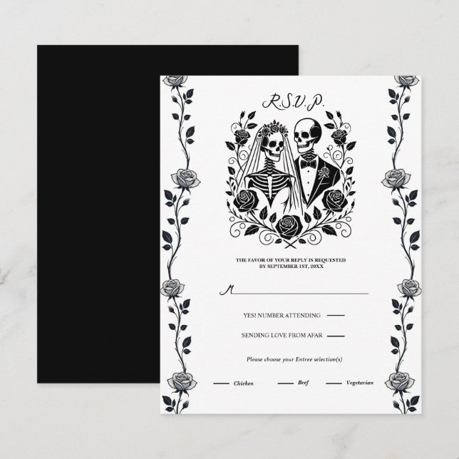 Invitación Boda de vino de Rosa floral de Skeleton blanco neg (Anverso / Reverso)