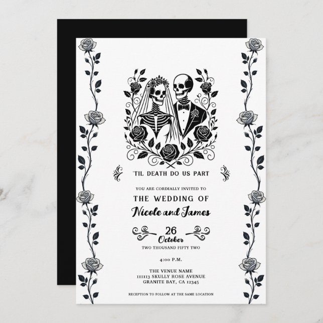 Invitación Boda de vino de Rosa floral del Skeleton blanco ne (Anverso / Reverso)