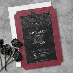 Invitación Boda de vino negro gótico cuervo negro y rosas neg