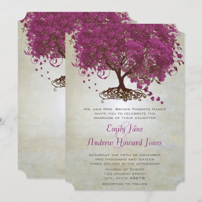 Invitación Boda de Vino Sangria Corazón Púrpura Hoja Árbol  (Anverso / Reverso)