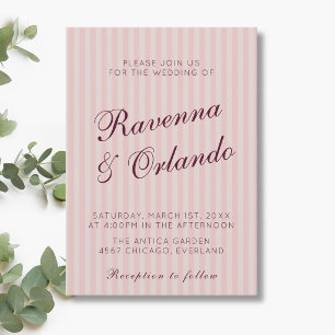 Invitación Boda de vino tinto y rayas retro rosa rubor