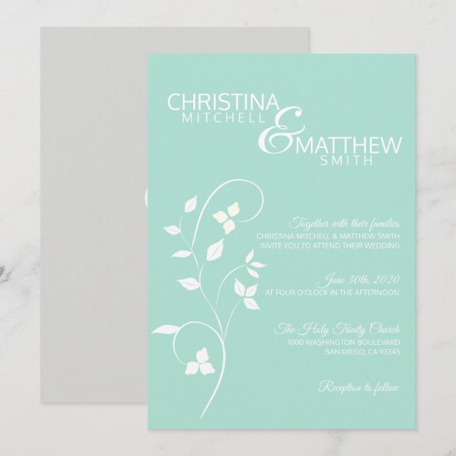 Invitación Boda de Vino Verde y Gris Claro de la Mint Pastel (Anverso / Reverso)