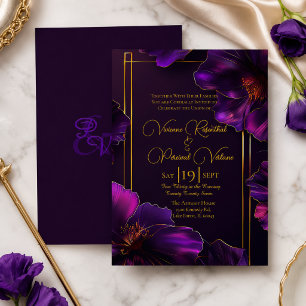 Invitación Boda de Violetas Luminosas Púrpura Oro Sofisticado