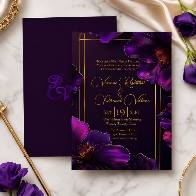 Invitación Boda de Violetas Luminosas Púrpura Oro Sofisticado (Sophisticated Luminous Violets Purple and Gold Wedding Invitation )
