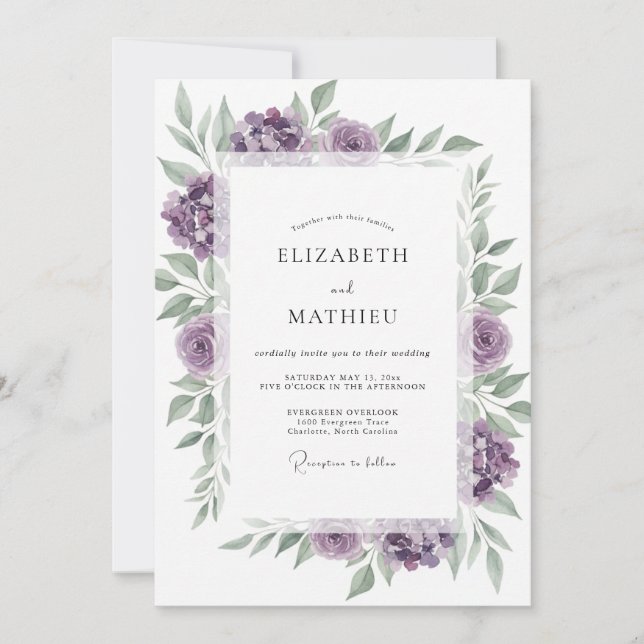 Invitación Boda de Violetas y Verdor (Anverso)