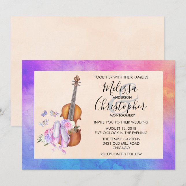Invitación Boda de violín, zapatos de ballet y mariposas (Anverso / Reverso)