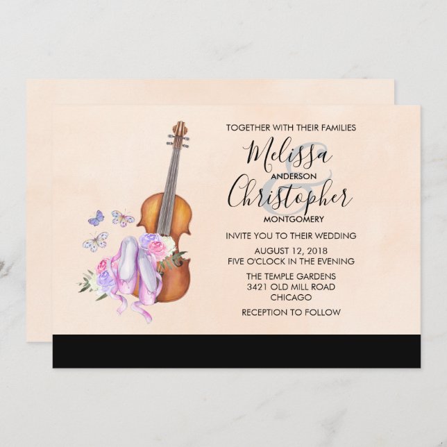 Invitación Boda de violín, zapatos de ballet y mariposas (Anverso / Reverso)