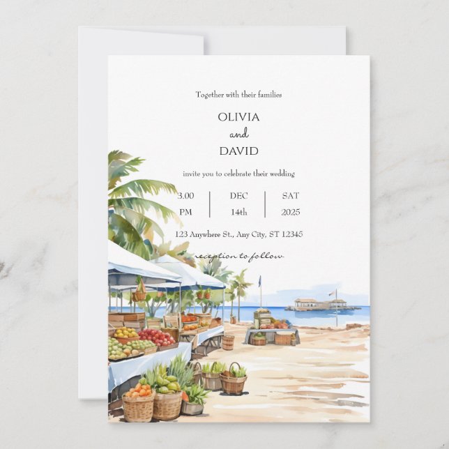Invitación Boda de vista al mar de pueblo costero de mercado (Anverso)