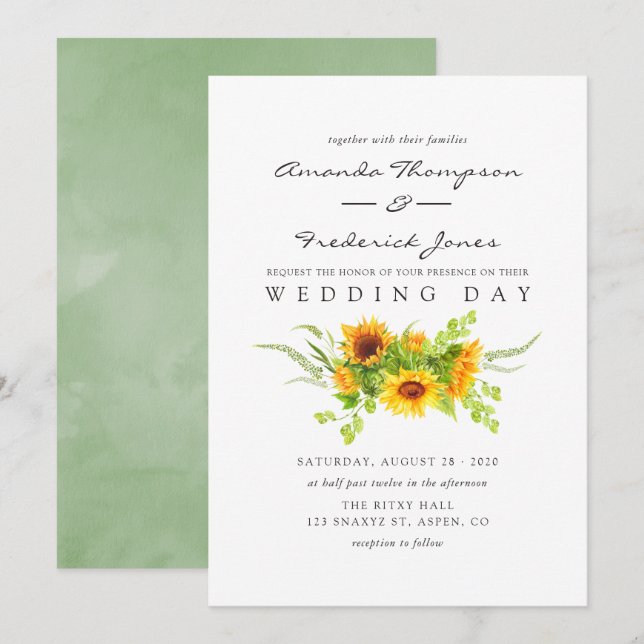 Invitación Boda de Watercolor Bohemian Boho Sunflowers (Anverso / Reverso)