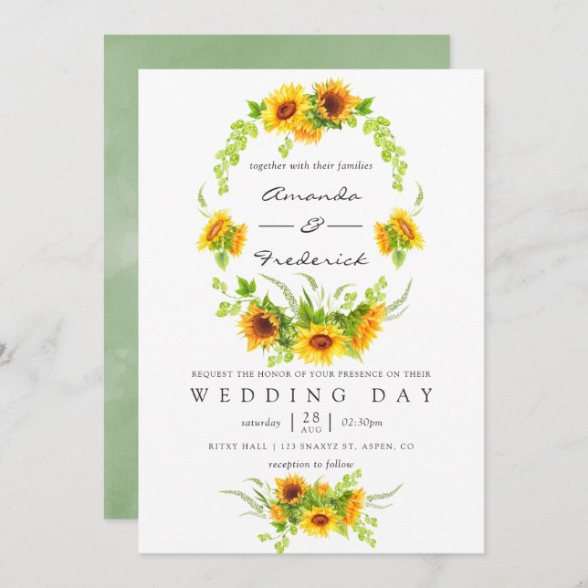 Invitación Boda de Watercolor Bohemian Boho Sunflowers (Anverso / Reverso)