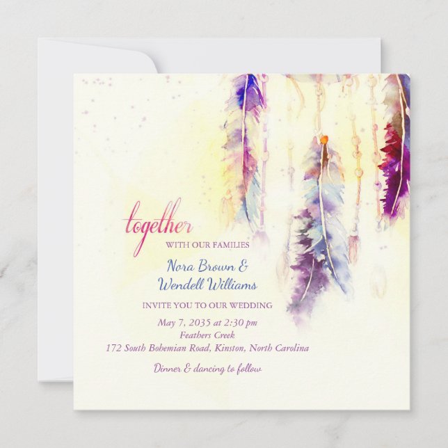 Invitación Boda de Watercolor Dreamcatcher Feathers (Anverso)