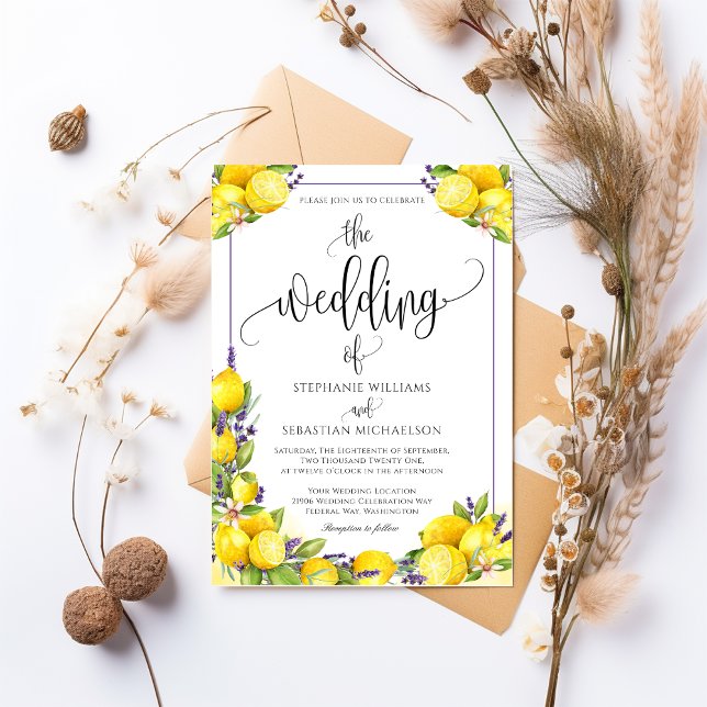 Invitación Boda de Watercolor Lemon Lavender Boho (Watercolor Lemon Lavender Boho Wedding Invitation)
