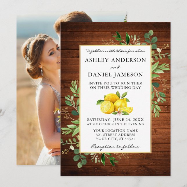 Invitación Boda de Watercolor Lemons Photo Wood (Anverso / Reverso)