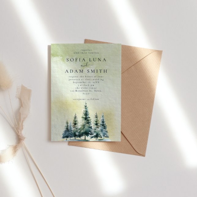 Invitación Boda de Watercolor Winter Mountain Trees (Subido por el creador)