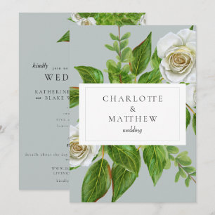 Invitación Boda de Website de Verde Elegante Rosa Blanca