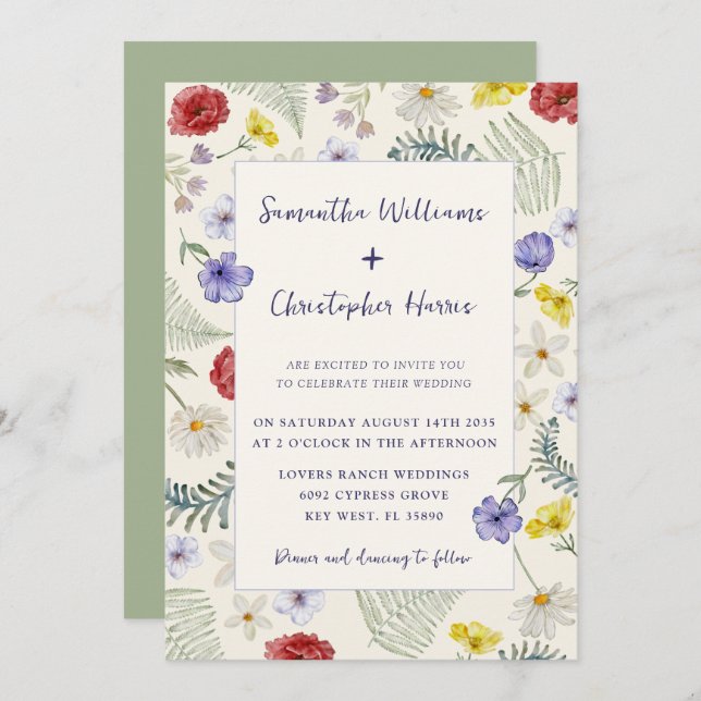 Invitación Boda de Whimsical Wildflower Ecru & Sage (Anverso / Reverso)