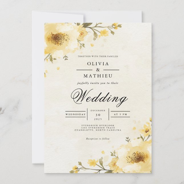 Invitación Boda de Whimsy floral amarillo dorado (Anverso)