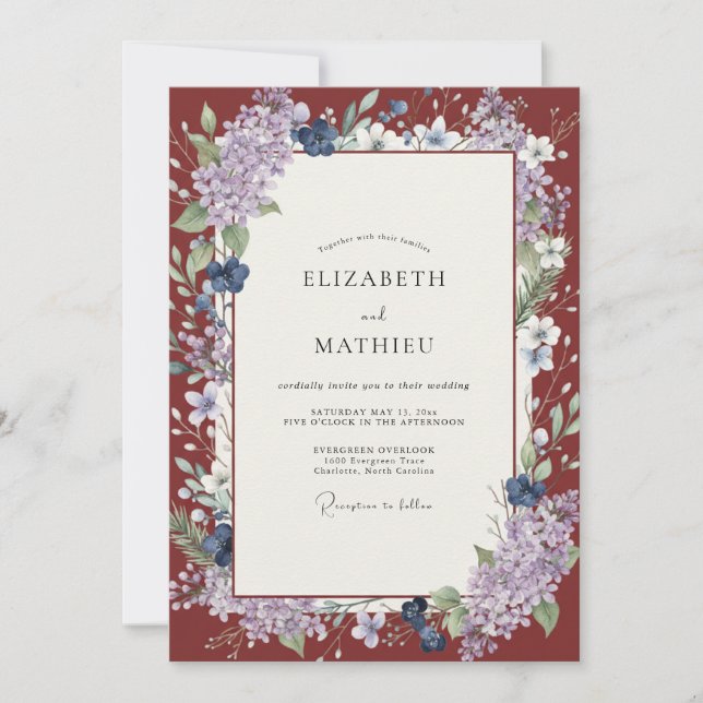 Invitación Boda de Wisteria Violeta Granate (Anverso)