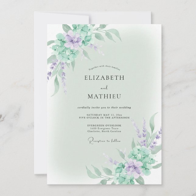 Invitación Boda de Wisteria Violeta Mentolada (Anverso)