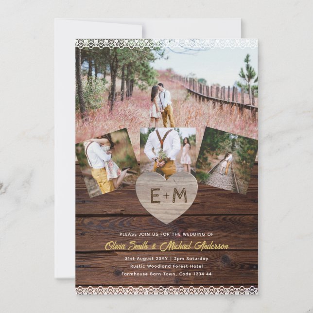 Invitación Boda de Woodland | Collage de fotos Rustic Wood La (Anverso)