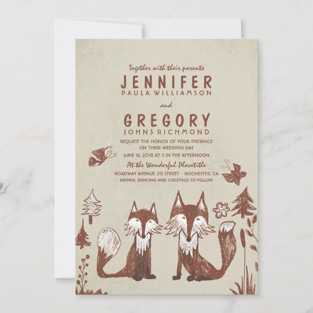 Invitación Boda de Woodland de dos Foxes (Anverso)