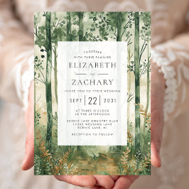 Invitación Boda de Woodland Green Gold de color de agua ruso