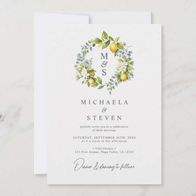 Invitación Boda de Wreath Botánico de Limón de Agua (Anverso)