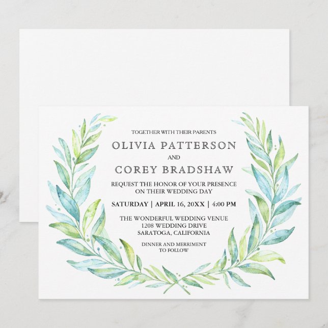 Invitación Boda de Wreath de color azul y verde (Anverso / Reverso)
