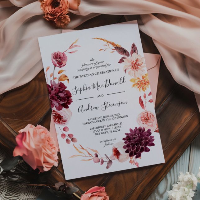 Invitación Boda de Wreath de Flores de Borgoña Caída (Subido por el creador)
