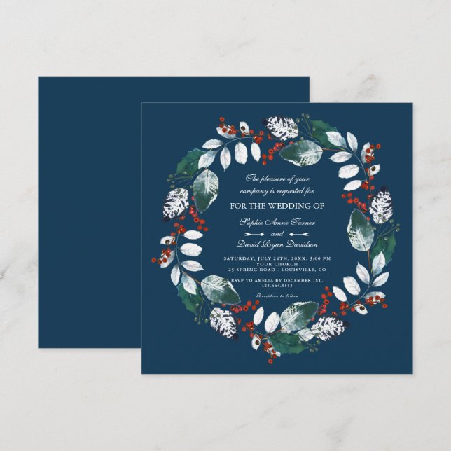 Invitación Boda de Wreath de invierno caprichoso (Anverso / Reverso)