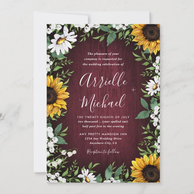 Invitación Boda de Wreath de la vegetación de girasol rojo de (Anverso)