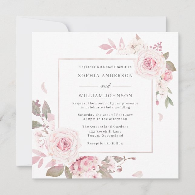 Invitación Boda de Wreath de marco floral suave de Rubor (Anverso)