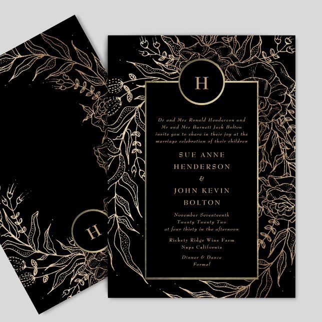 Invitación Boda de Wreath de monograma de oro negro premium (Subido por el creador)
