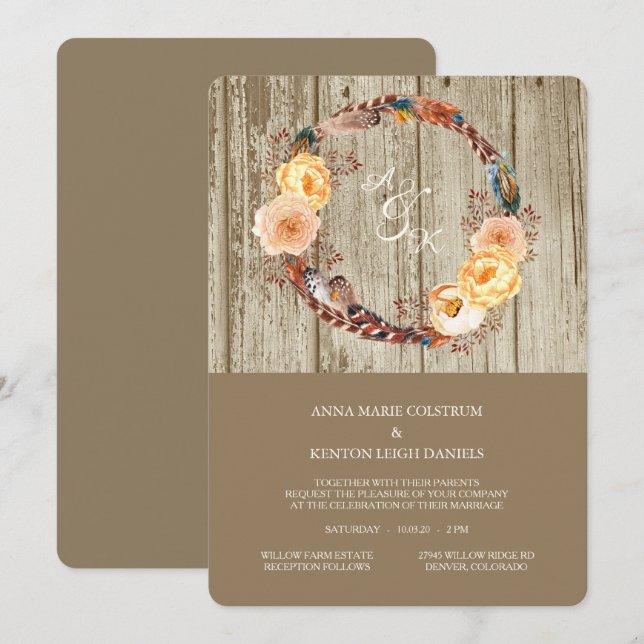 Invitación Boda de Wreath de plumas florales rusas de madera (Anverso / Reverso)